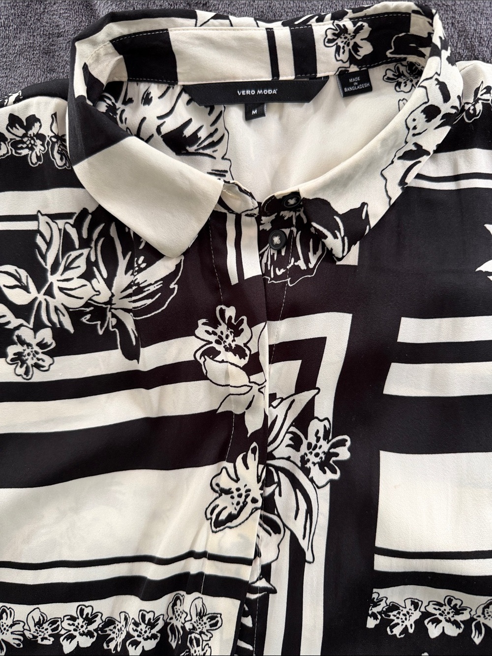 Vero Moda Black and White Floral and Stripe  Button-Down Top